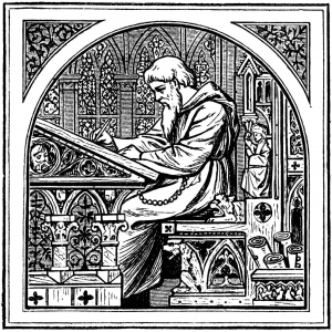 Mnich u středověkého psacího stolu.
