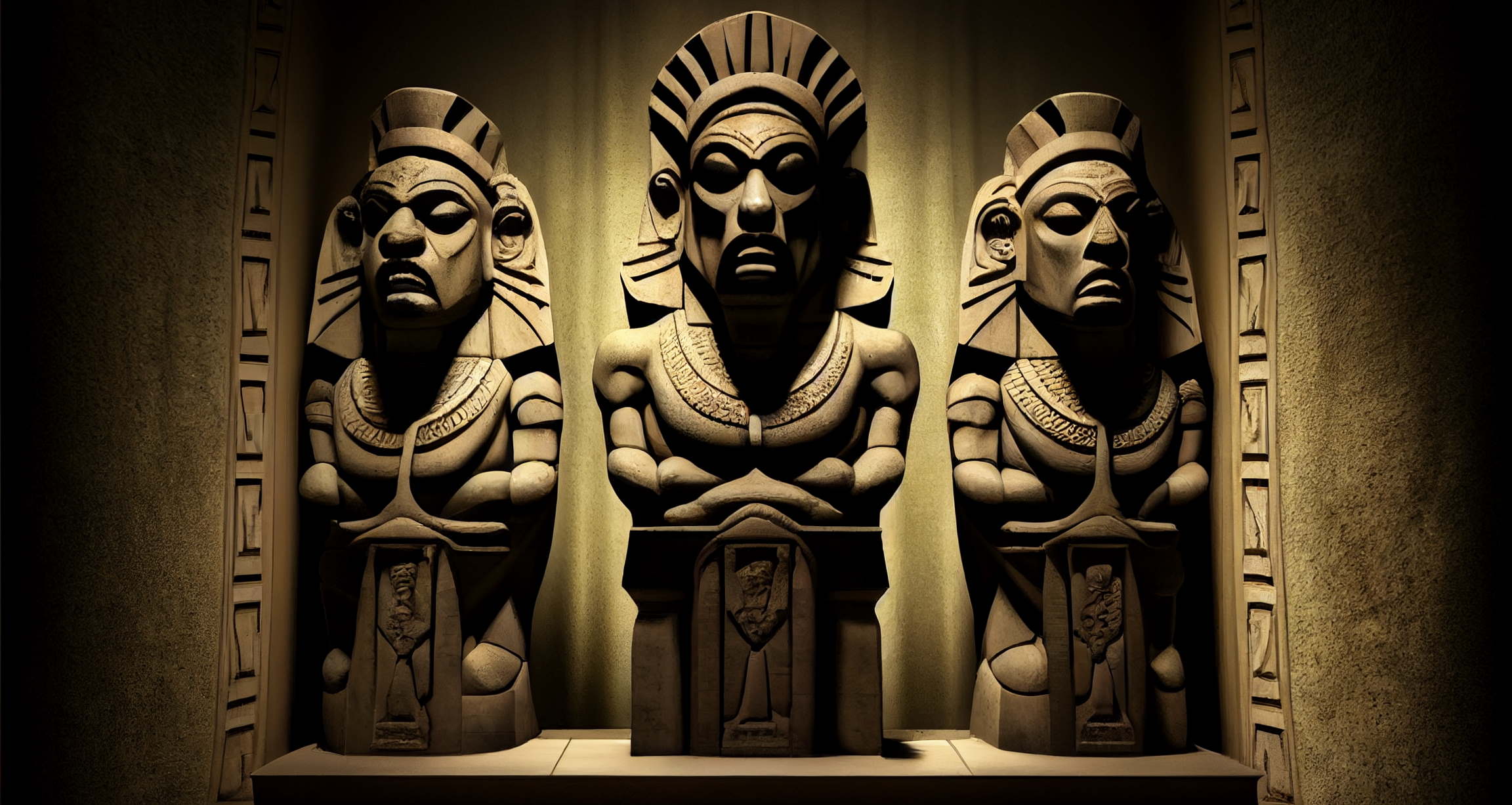 Tři sochy bůžků, vytvořeno pomocí Midjourney AI